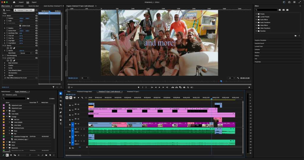 Screenshot of Premiere Pro Project Editing the Hinterland TV Ad